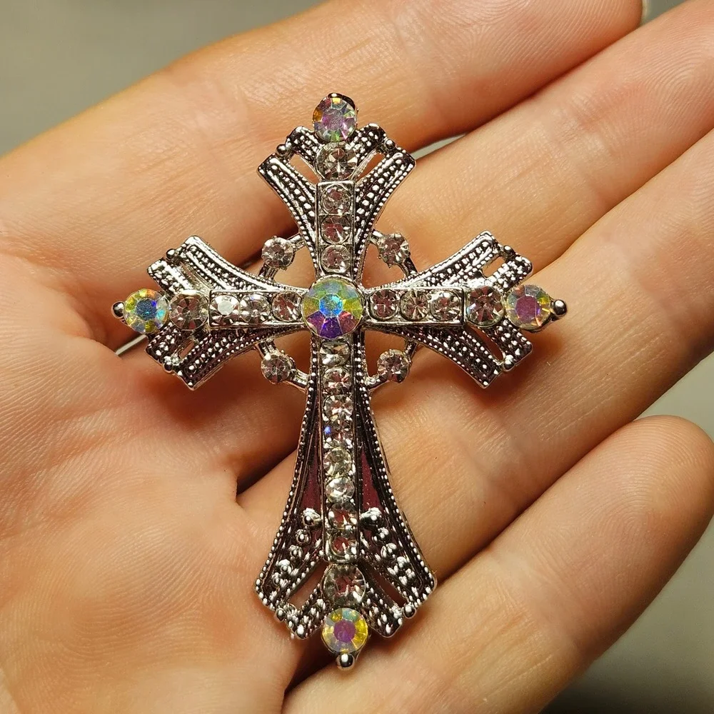 Rhinestone Cross Pendant Women OS Silver AB Crystal Gothic Filigree